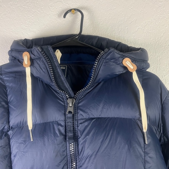 Abercrombie Fitch Women’s Duck Down Puff Jacket Sz M Hoodies 2 Way Zip Navy Blue - Picture 2 of 12